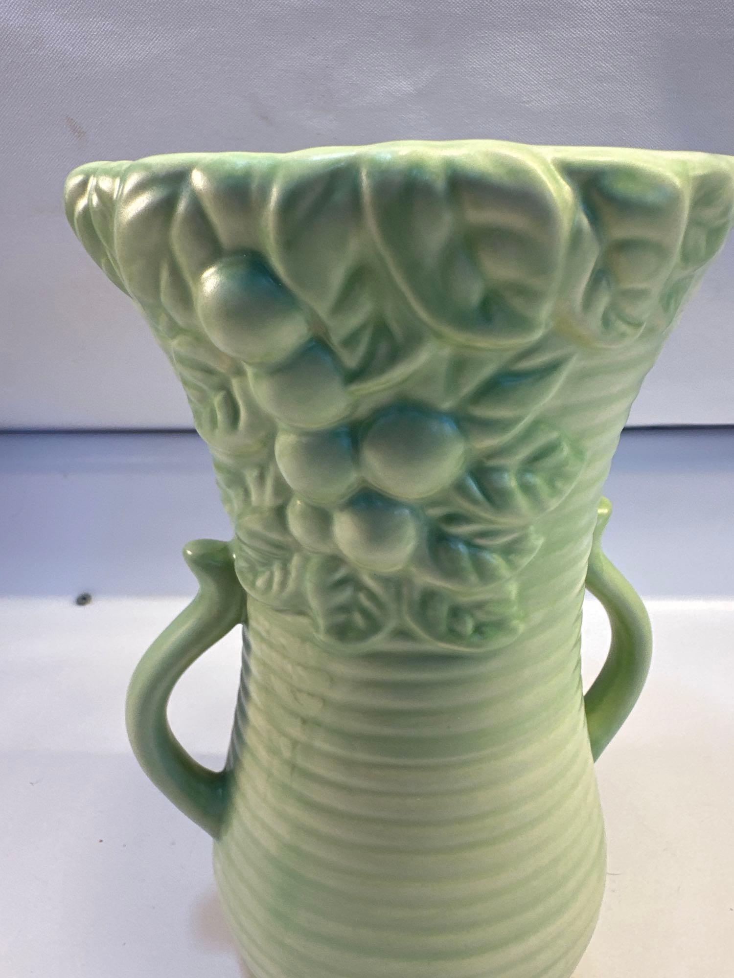 Vintage Pottery Vase In Light Green Ribbed Fruit