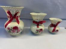 Victorian Rose Set of 3 Porcelain Lattice Vases