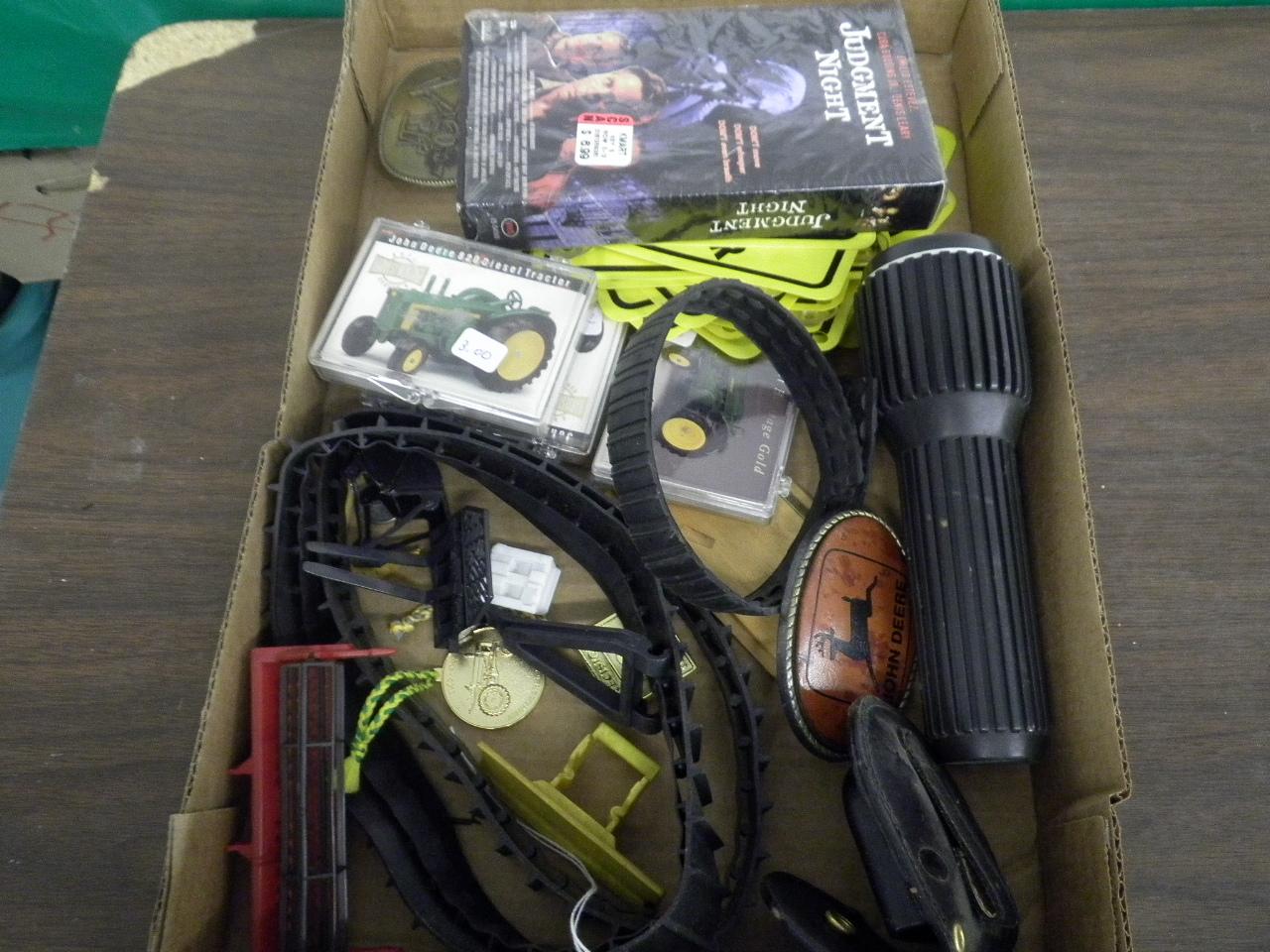 MISC BOX OF ITEMS FLASHLITE,JD CARDS, MOVIE, SIGNS