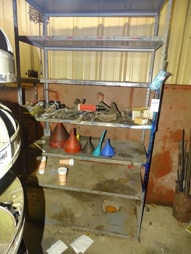 METAL SHELF W/ GEAR PULLERS, FLARING TOOL, FUNNELS, GRINDING