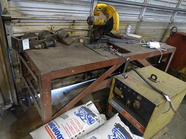 STEEL TABLE W/  DEWALT CHOP SAW ON CASTERS