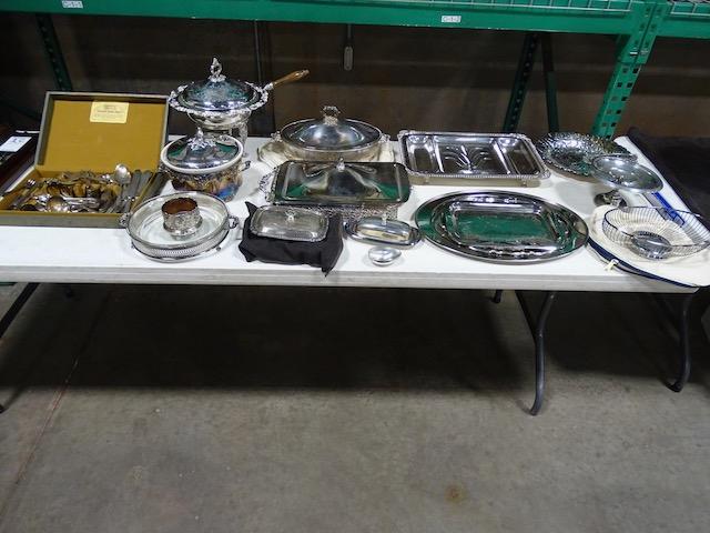 SILVER PLATED ITEMS, SPOONS, FORKS, LADLES, PUNCH CUPS, PUNCH BOWL SET, TEA SET,