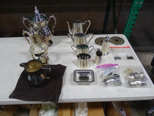 SILVER PLATED ITEMS, SPOONS, FORKS, LADLES, PUNCH CUPS, PUNCH BOWL SET, TEA SET,