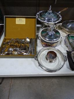 SILVER PLATED ITEMS, SPOONS, FORKS, LADLES, PUNCH CUPS, PUNCH BOWL SET, TEA SET,