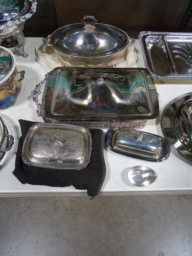 SILVER PLATED ITEMS, SPOONS, FORKS, LADLES, PUNCH CUPS, PUNCH BOWL SET, TEA SET,