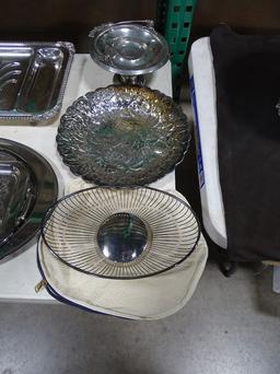 SILVER PLATED ITEMS, SPOONS, FORKS, LADLES, PUNCH CUPS, PUNCH BOWL SET, TEA SET,