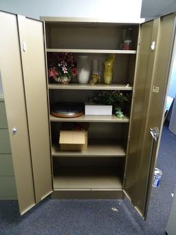 TWO DRAWER UPRIGHT METAL CABINET & CONTENTS FIVE SHELVES 36”X18”X78”