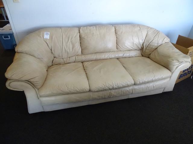 THREE CUSHION LEATHER SOFA, OFFICE MISC, PIN BOARD & CONTENTS OF SHELF