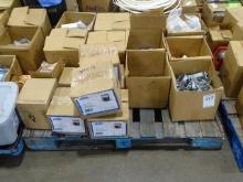 PALLET OF HARDWARE, STRAINERS, WATER HEATER FITTINGS, VACUUM LEAK VALVES, CLEAN OUTS & MISC.