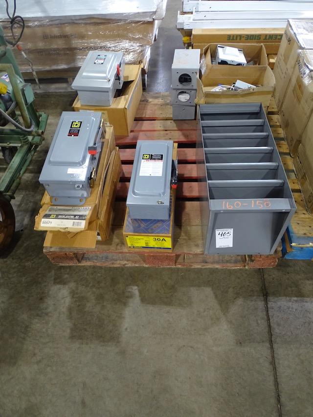 PALLET W/D SQUARE SAFETY SWITCHES, SIEMMS SAFETY SWITCH, CUTTER HAMMER FUSE BOXES & LED LIGHTING