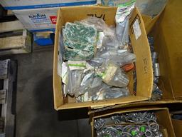 PALLET W/OUTLET PLUGS, SWITCHES, COVERS, STEEL PIPE FITTINGS, BRAKETS,