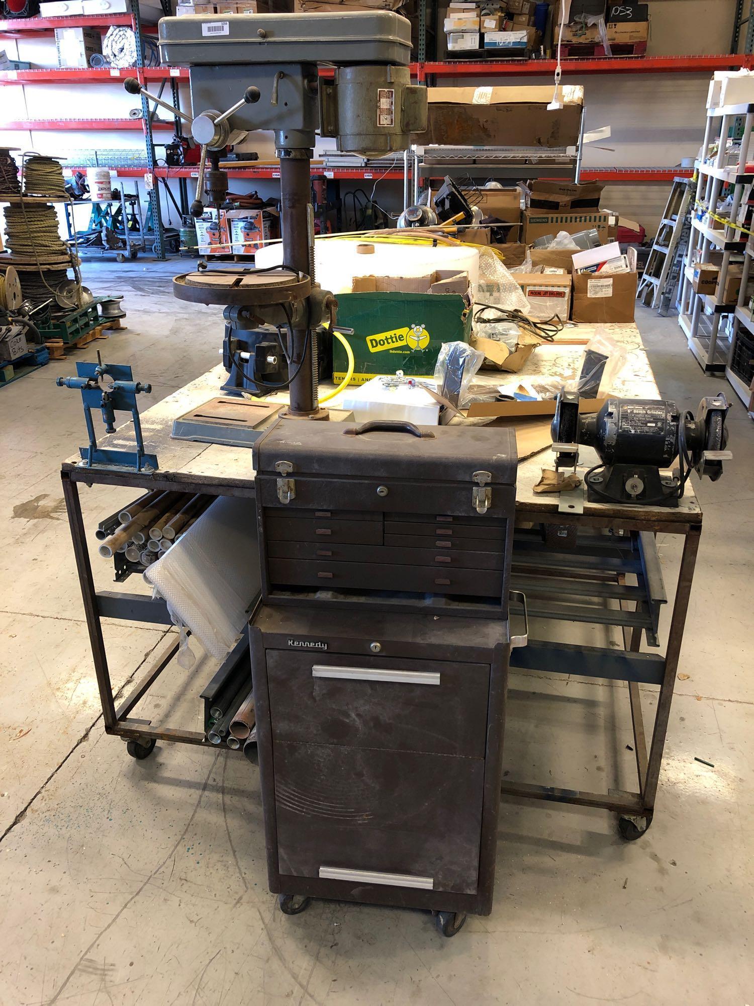 Work Bench, Shelves, Tool Box, Contents