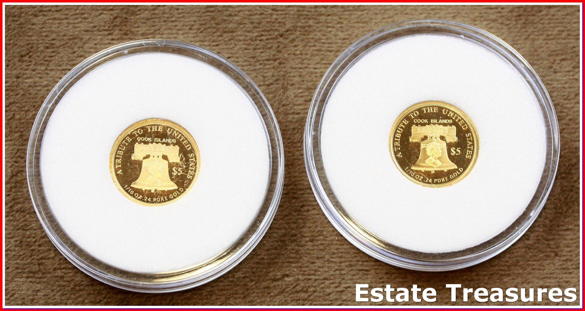 Pair (2) Of 2011 Cook Islands Gold Coins $5 Dollar Statue Of Liberty Coins