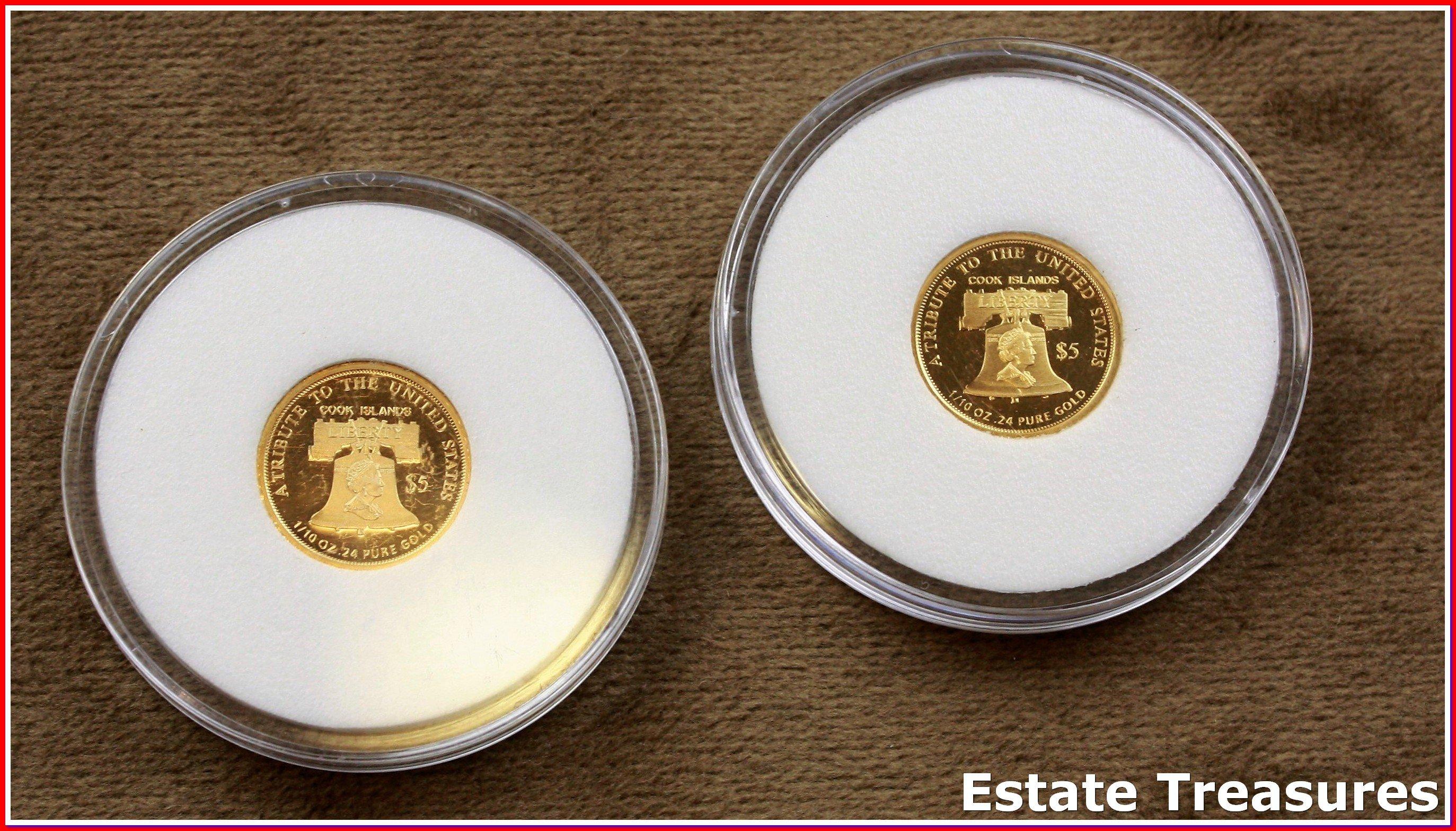 Pair (2) Of 2011 Cook Islands Gold Coins $5 Dollar Statue Of Liberty Coins