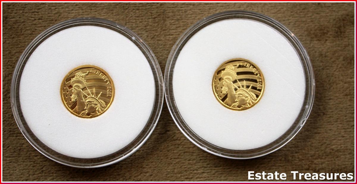 Pair (2) Of 2011 Cook Islands Gold Coins $5 Dollar Statue Of Liberty Coins