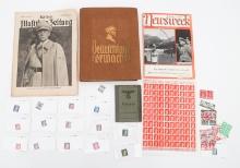 WWII GERMAN CIG BOOK, STAMPS, WEHRPASS & MAGAZINE