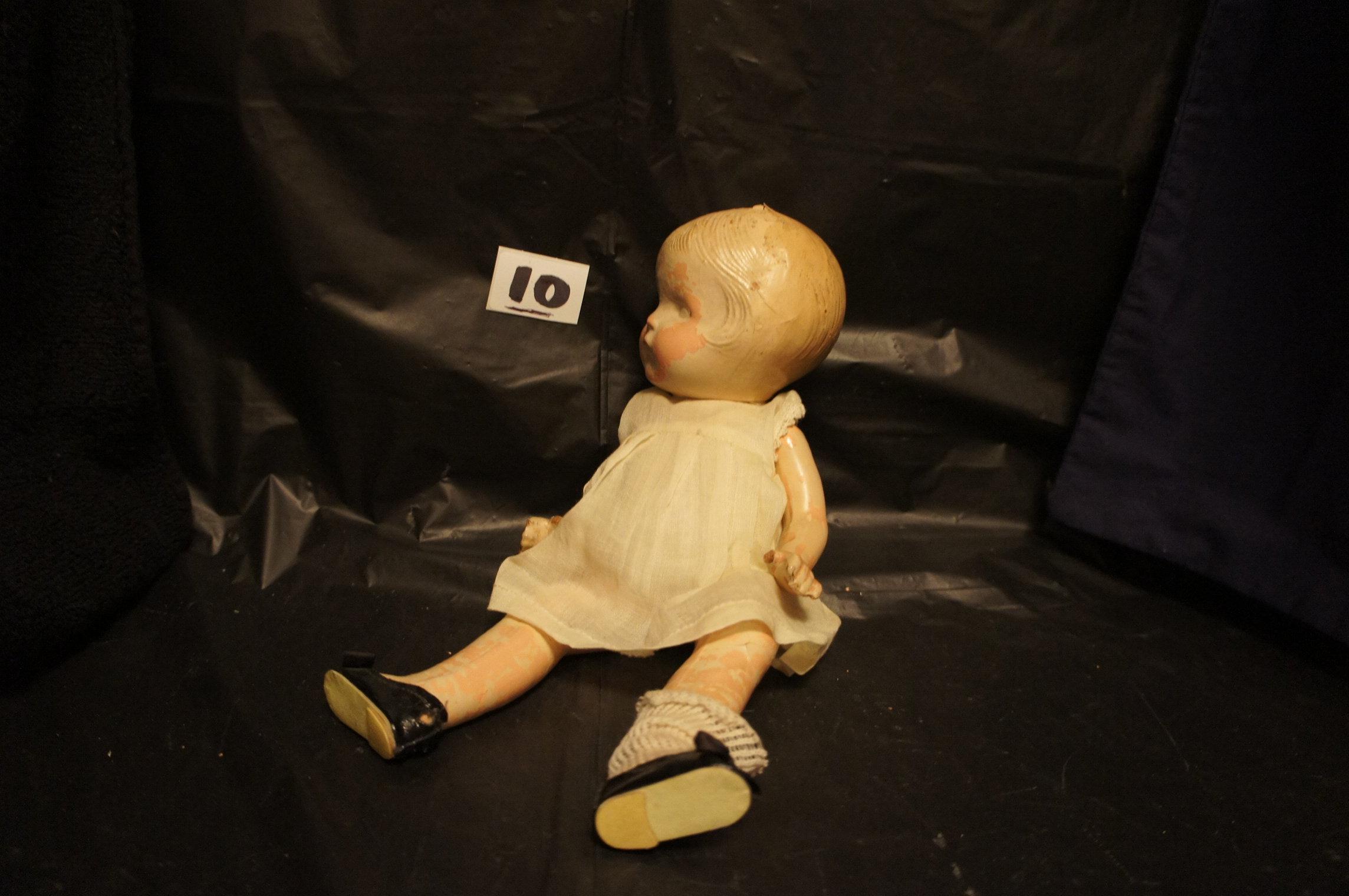 "Hard Plastic body Doll"    12 " tall      [head, face, arms, hands, legs  cracks]