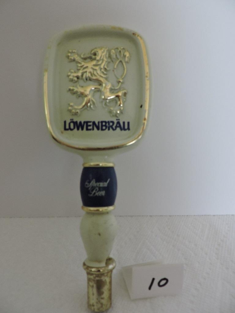 Lowenbrau Special Beer Tapper Handle, 2 sided, 8", Chips, Tarnished