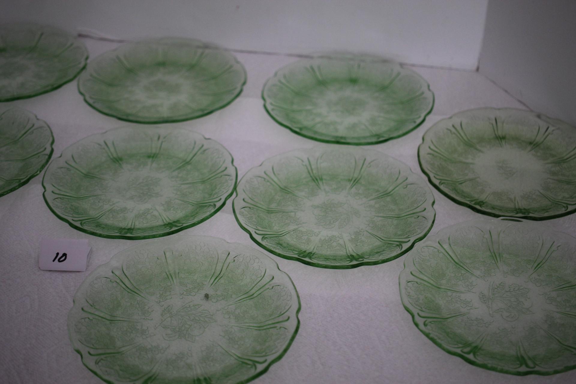 Set of 9 Green Depression Glass Plates, Cherry Blossoms, Jeanette, 7" round, 1 plate has a mark