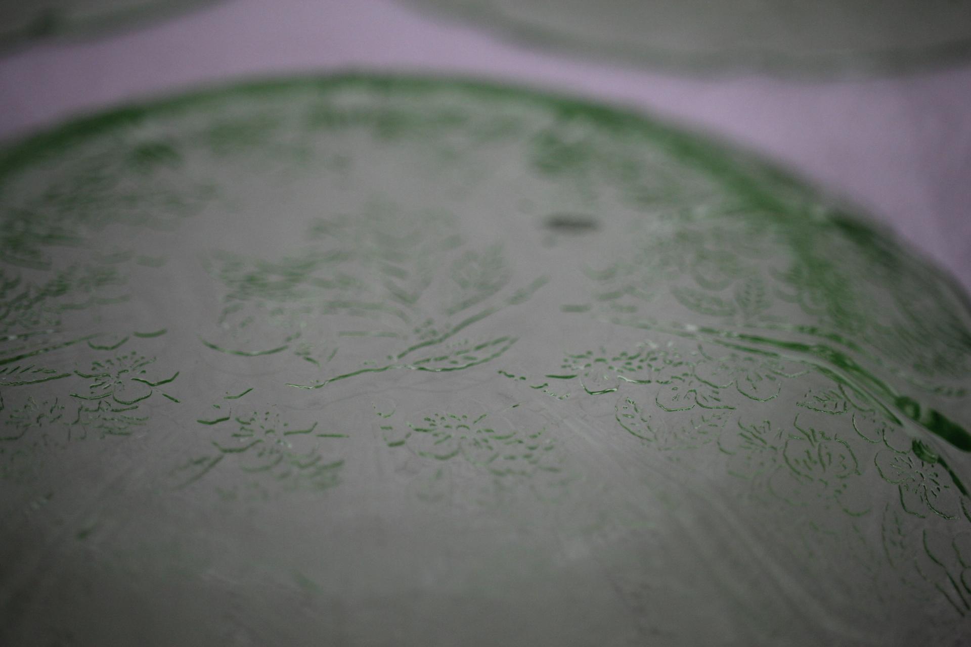 Set of 9 Green Depression Glass Plates, Cherry Blossoms, Jeanette, 7" round, 1 plate has a mark