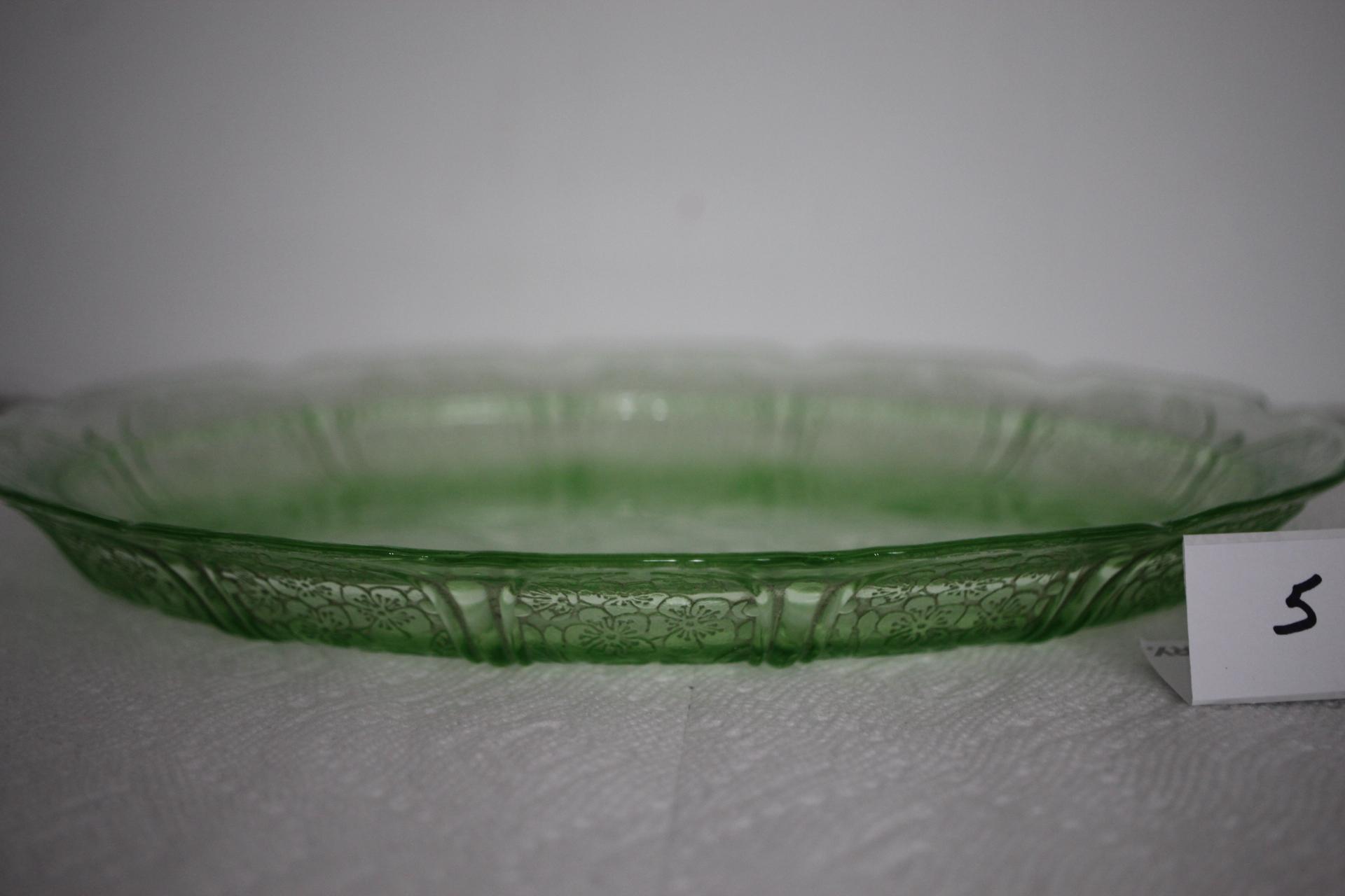 Green Depression Glass Serving Platter, Cherry Blossoms, Jeanette, 11" x 7 3/4"