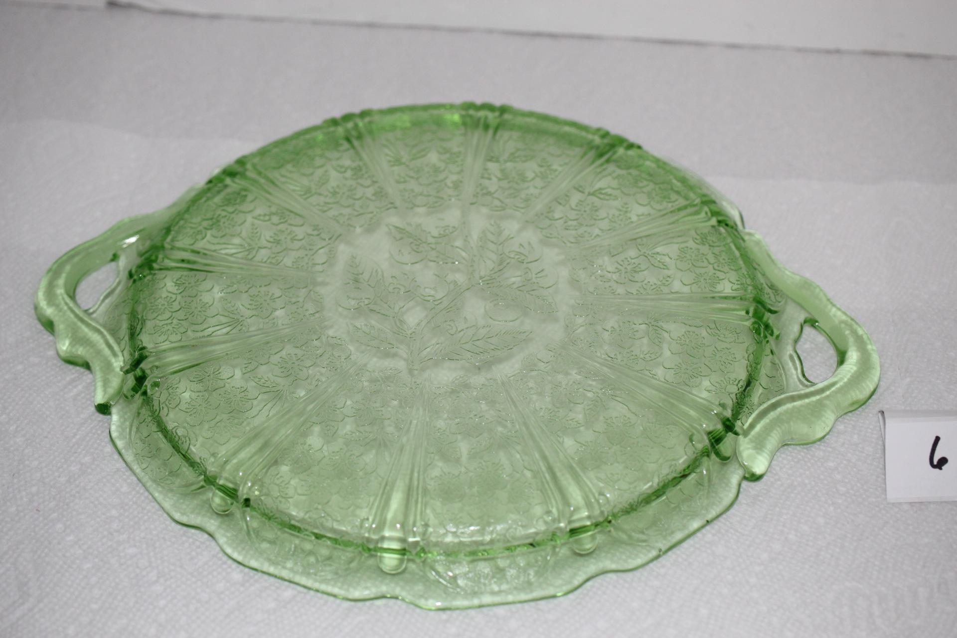 Green Depression Glass Platter Plate, Cherry Blossoms, Handles, Jeanette, 12 3/8" W incl. handles