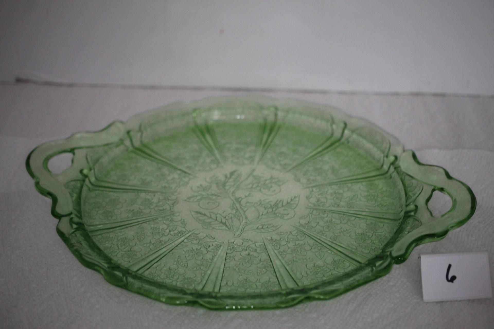 Green Depression Glass Platter Plate, Cherry Blossoms, Handles, Jeanette, 12 3/8" W incl. handles