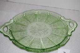 Green Depression Glass Platter Plate, Cherry Blossoms, Handles, Jeanette, 12 3/8" W incl. handles