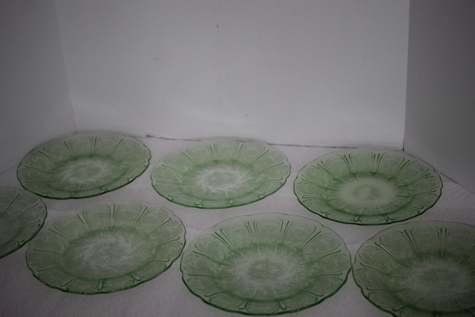 Set of 7 Green Depression Glass Plates, Cherry Blossoms, Jeanette, 9" round