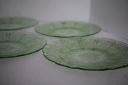 Set of 7 Green Depression Glass Plates, Cherry Blossoms, Jeanette, 9" round