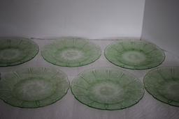 Set of 7 Green Depression Glass Plates, Cherry Blossoms, Jeanette, 9" round