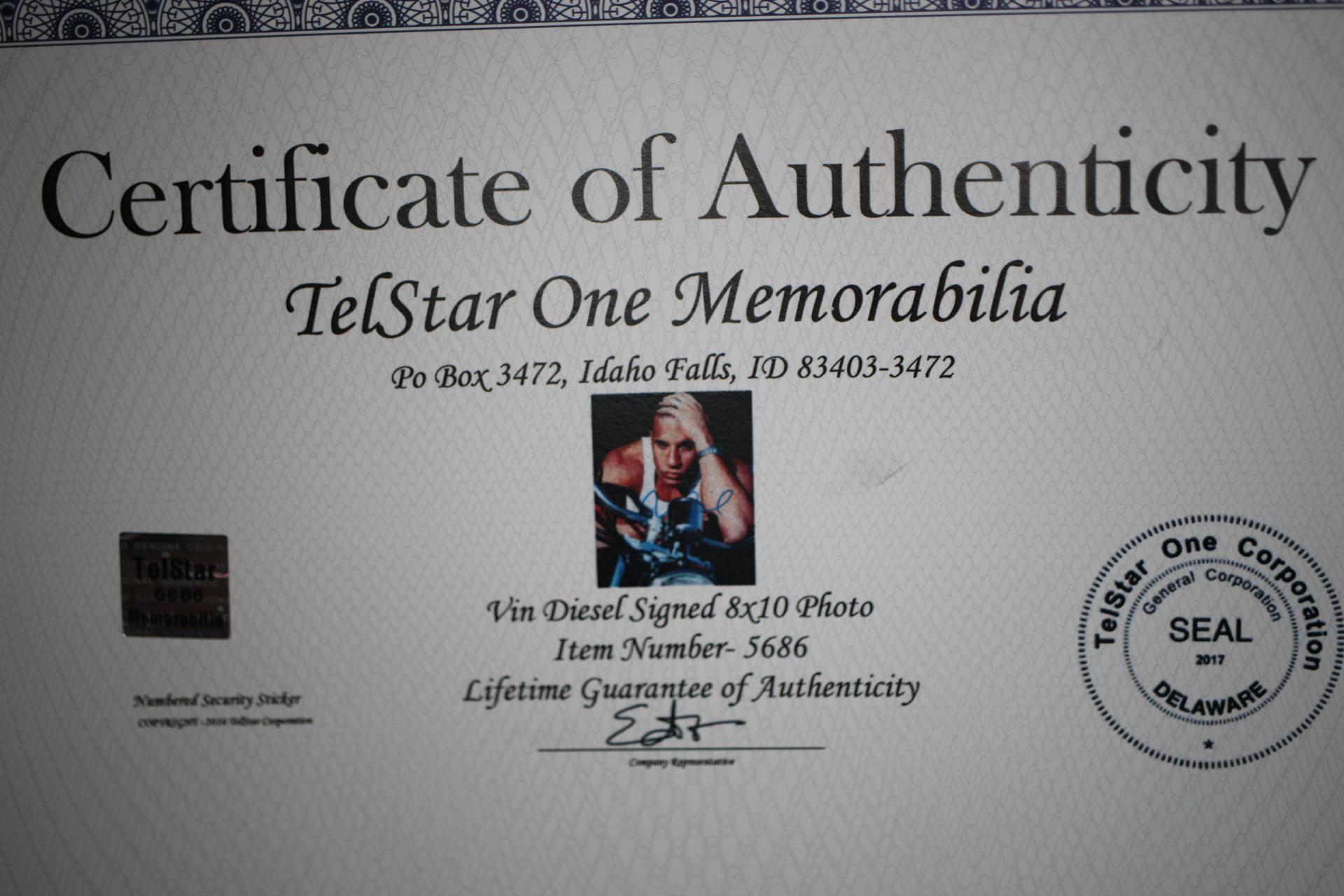 Framed Vin Diesel Signed 8" x 10" Photo, TelStar One Memorabilia, COA