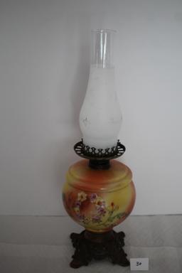 Vintage Oil Table Lamp, Floral Design, Made In USA, Metal, Ceramic/Porcelain, Glass