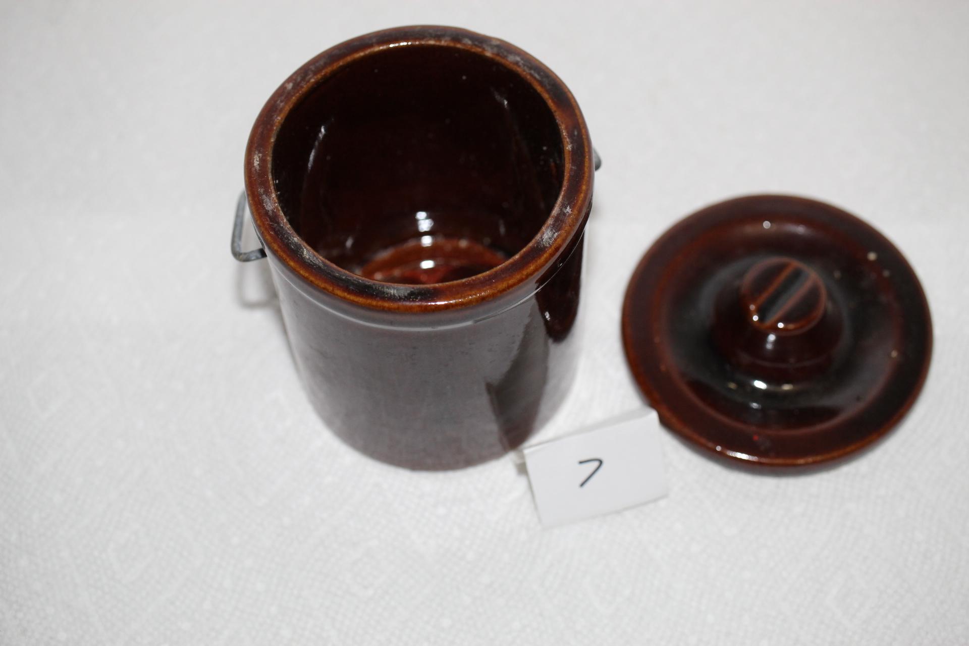 Vintage Brown Glazed Butter/Cheese Crock, Lid, Wire Bail, 4 3/4"H x 3 1/4" round