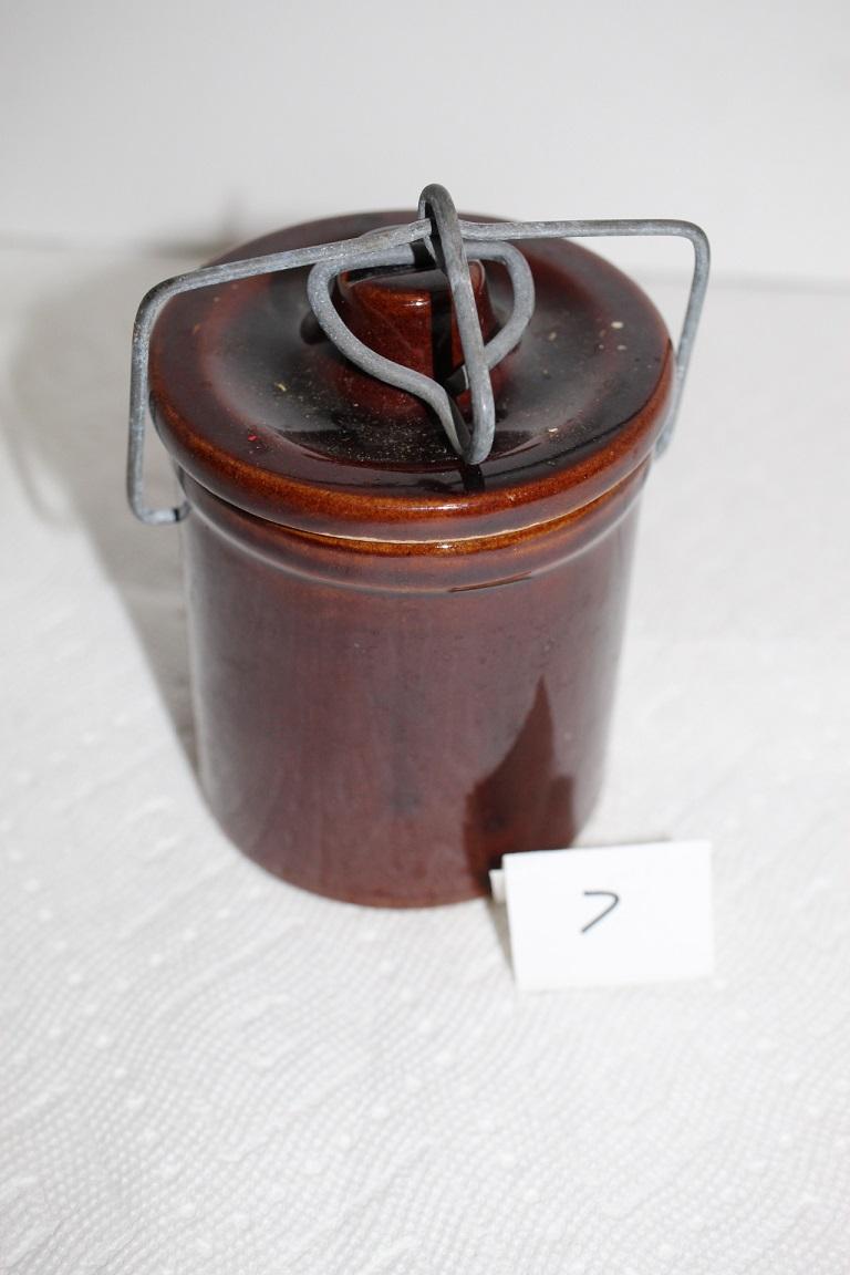 Vintage Brown Glazed Butter/Cheese Crock, Lid, Wire Bail, 4 3/4"H x 3 1/4" round