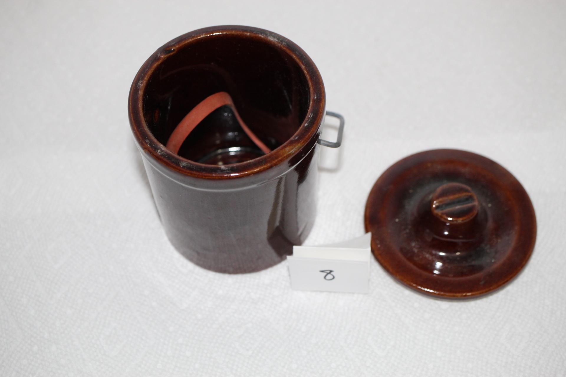 Vintage Brown Glazed Butter/Cheese Crock, Lid, Wire Bail, 4 3/4"H x 3 1/4" round