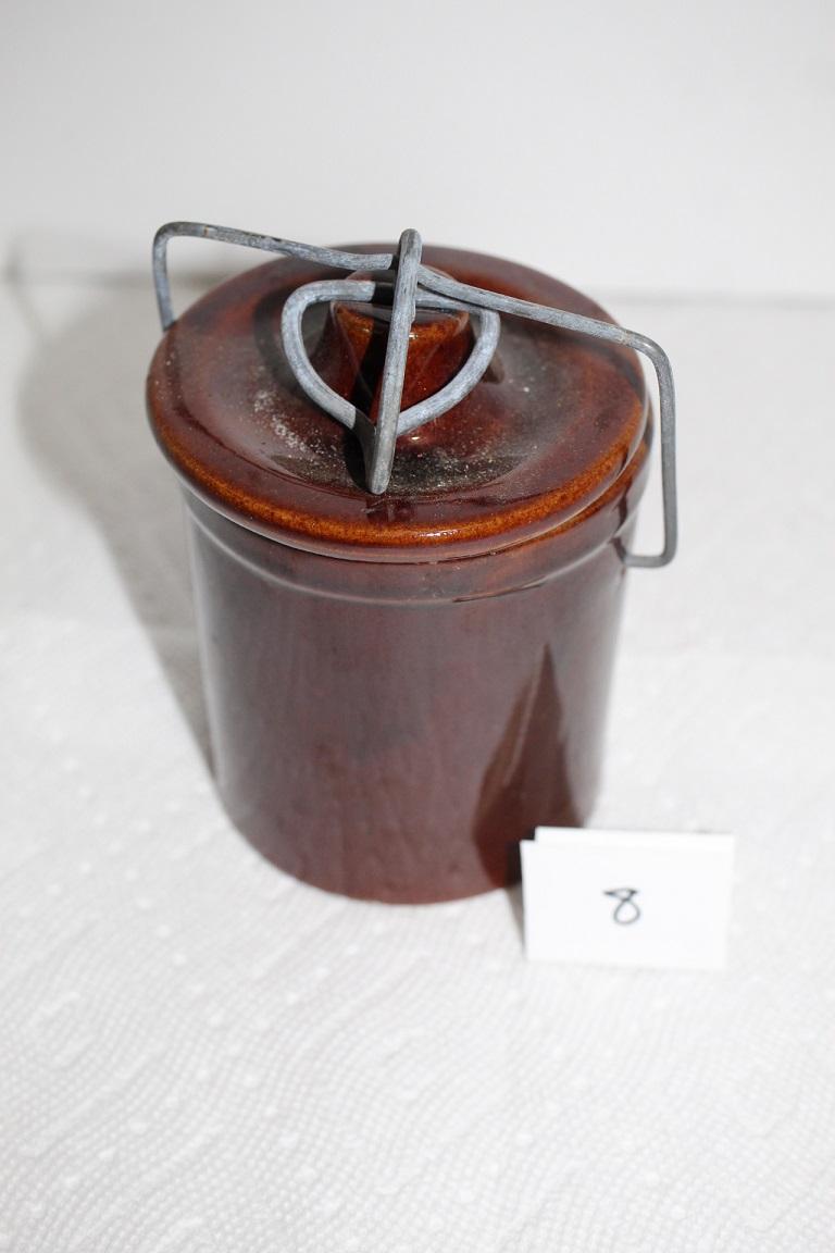 Vintage Brown Glazed Butter/Cheese Crock, Lid, Wire Bail, 4 3/4"H x 3 1/4" round