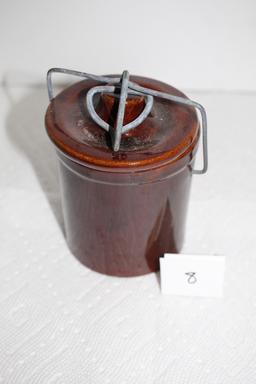 Vintage Brown Glazed Butter/Cheese Crock, Lid, Wire Bail, 4 3/4"H x 3 1/4" round