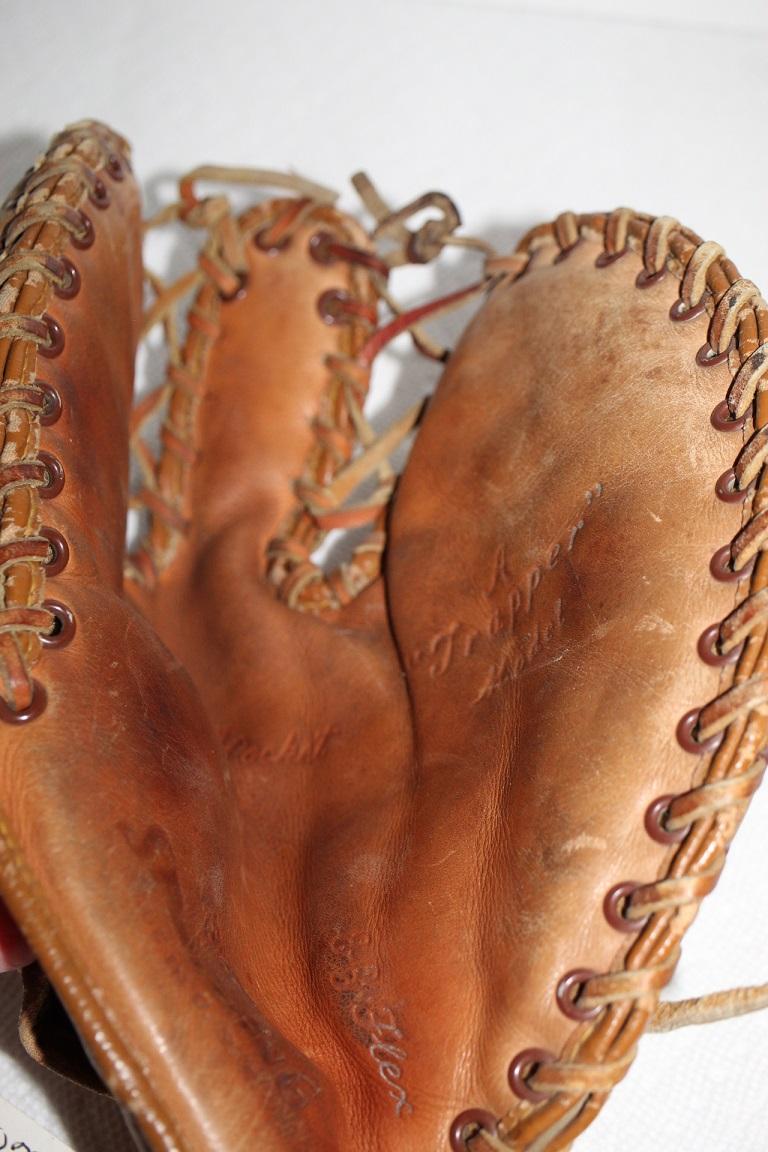 Vintage Spaulding Baseball Glove, A "Trapper" Model, #1347, E-Z Flex, Writing inside hand strap