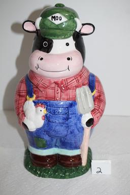 Rare 1994 Fitz & Lloyd Omnibus Farmer Cow Cookie Jar, Ceramic, 12 1/2"