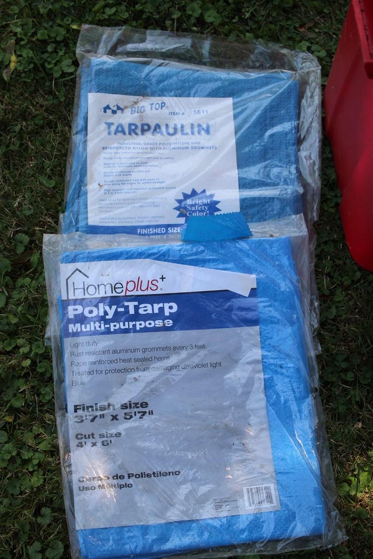 Assorted New Tarps-4' x 6', 7' x 9', 8' x 10', 3 375lb. 5" Swivel Casters, Hurricane Lamp