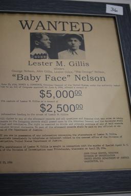 Framed Baby Face Nelson Wanted Poster, 16 3/4" x 13 3/4" incl. frame