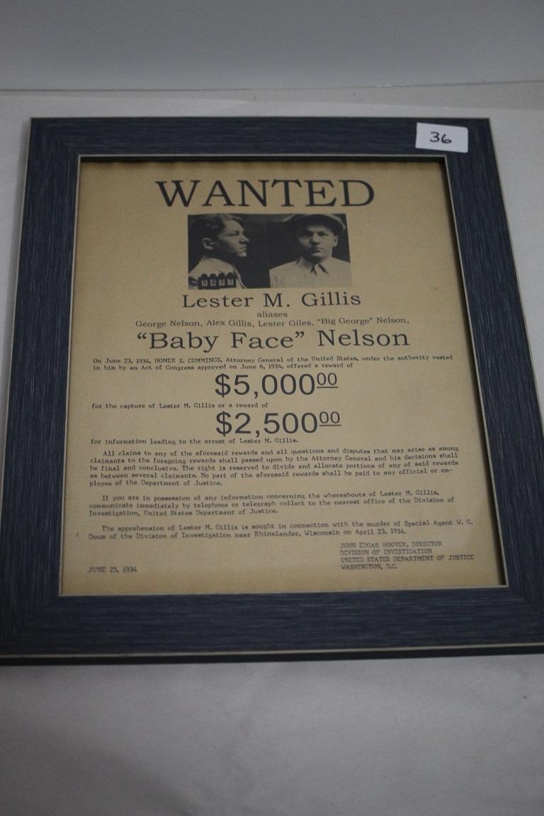 Framed Baby Face Nelson Wanted Poster, 16 3/4" x 13 3/4" incl. frame