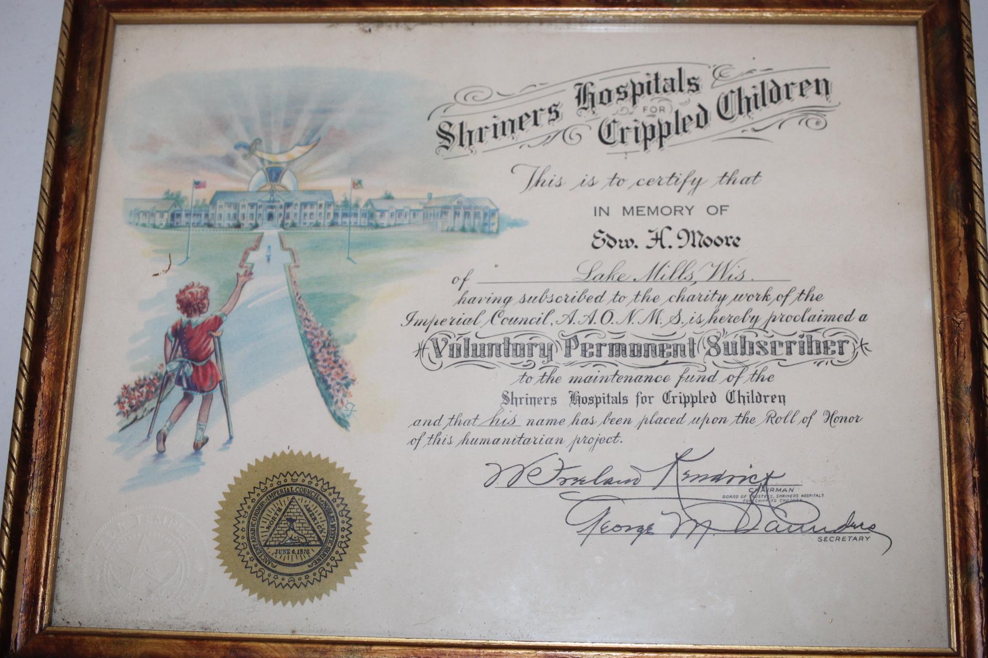 Tripoli Shriner Hat & Shriners Hospitals For Crippled Children Certificate