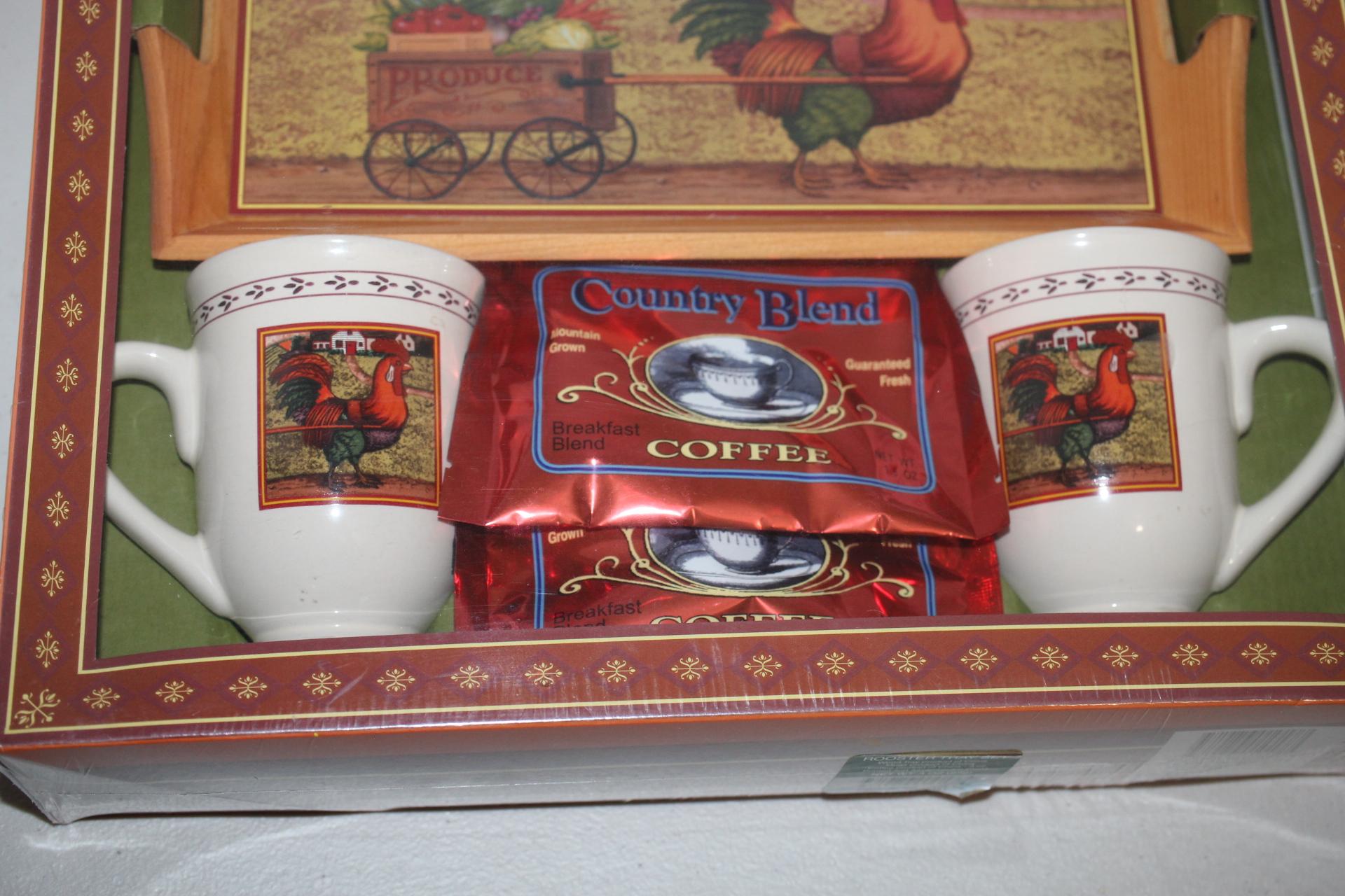 Rooster Collection Coffee For Two, Wood Serving Tray With Stoneware Mugs And Coffee, NIB