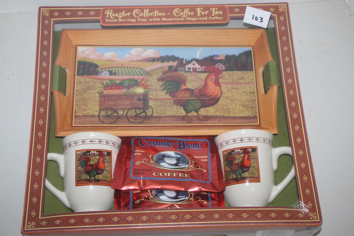 Rooster Collection Coffee For Two, Wood Serving Tray With Stoneware Mugs And Coffee, NIB