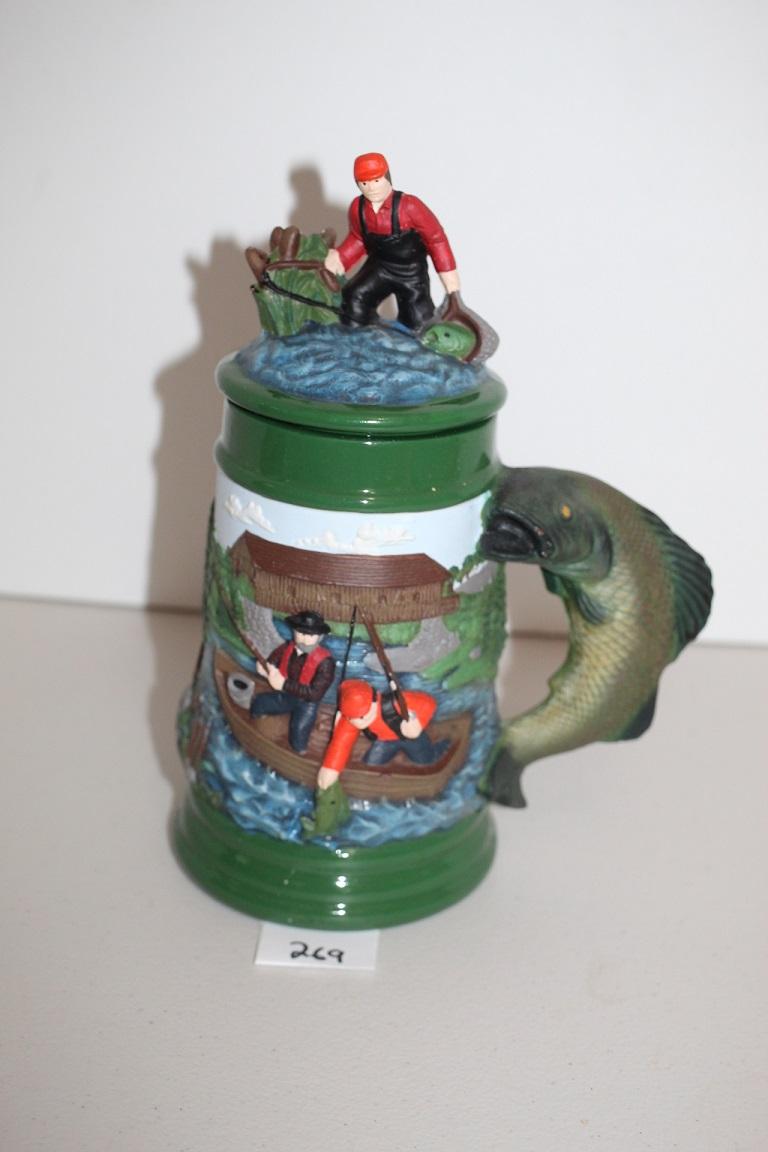 Fishing Stein, Ceramic, Hand Painted, 9 3/4"