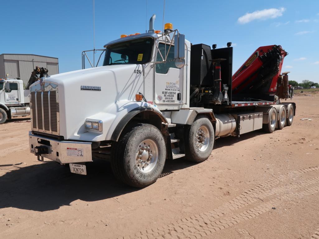 (2019) KENWORTH T800 FLATBED CRANE TRUCK, DUAL STEERING AXLES, TRI-AXLE REAR, CUMMINS X-15-505