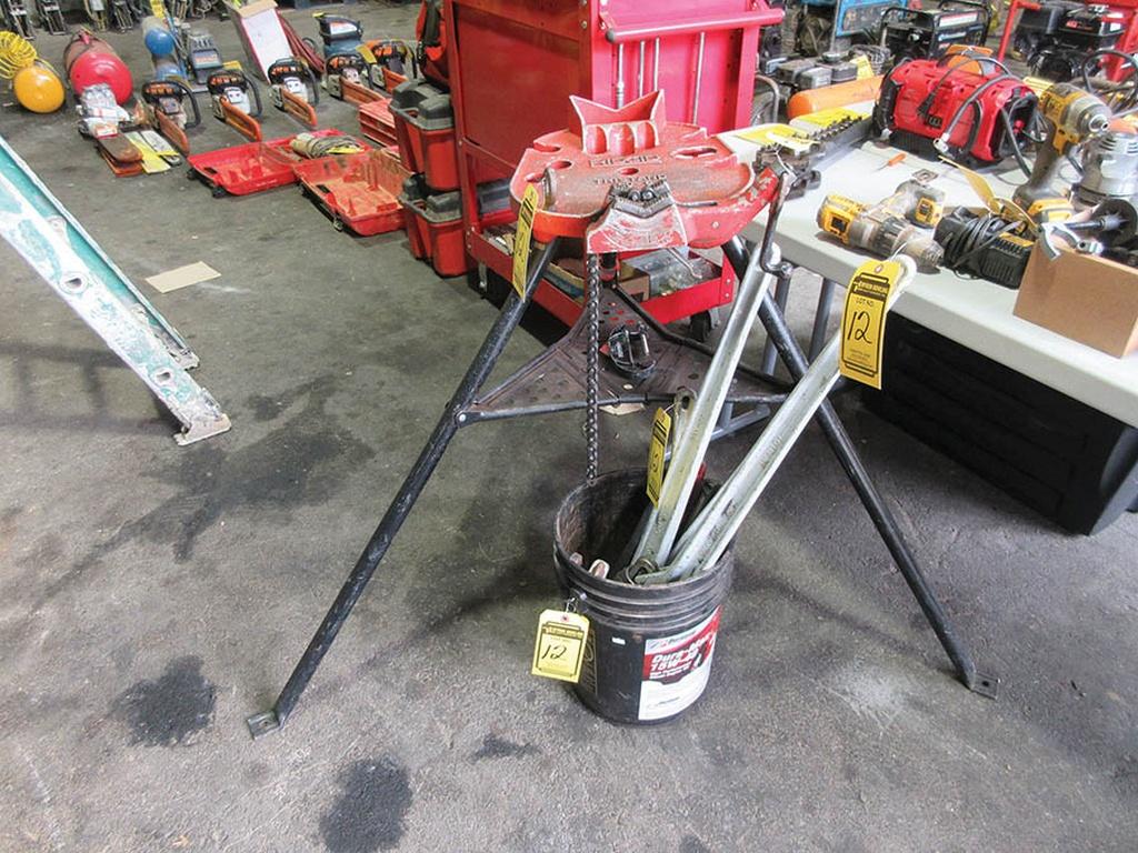 RIDGID TRI-STAND 1/8'' - 6'', BUCKET OF ASSORTED PIPE WRENCHES & 8'' PIPE VISE