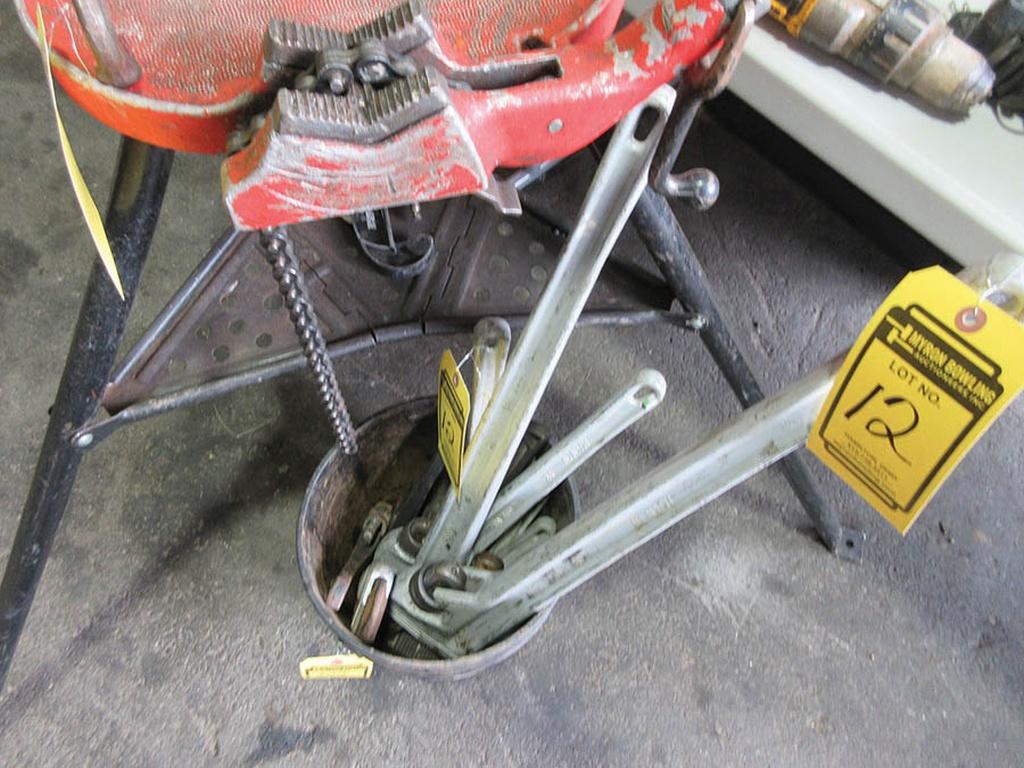 RIDGID TRI-STAND 1/8'' - 6'', BUCKET OF ASSORTED PIPE WRENCHES & 8'' PIPE VISE